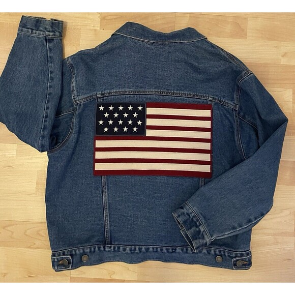 Double D Ranch Women’s Denim Jacket Flag USA Size Large Blue